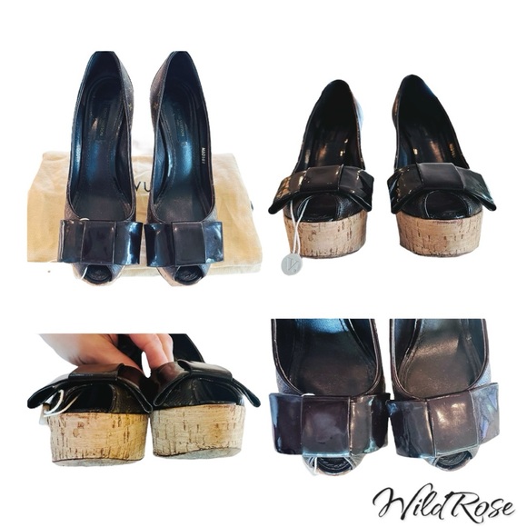 LOUIS VUITTON Brown Rivoli LV Monogram Patent Vernis Bow Cork Platform Pump 35.5 - Picture 15 of 17